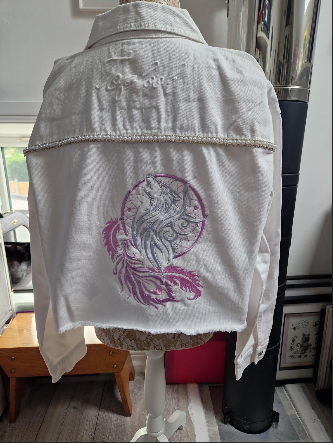 White Dreamcatcher Wolf Embroidered Denim Jacket