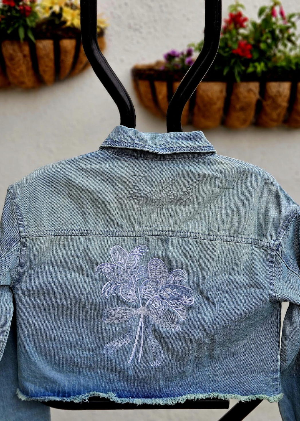 Baroque Lily Bouquet Embroidered Cropped Denim Jacket