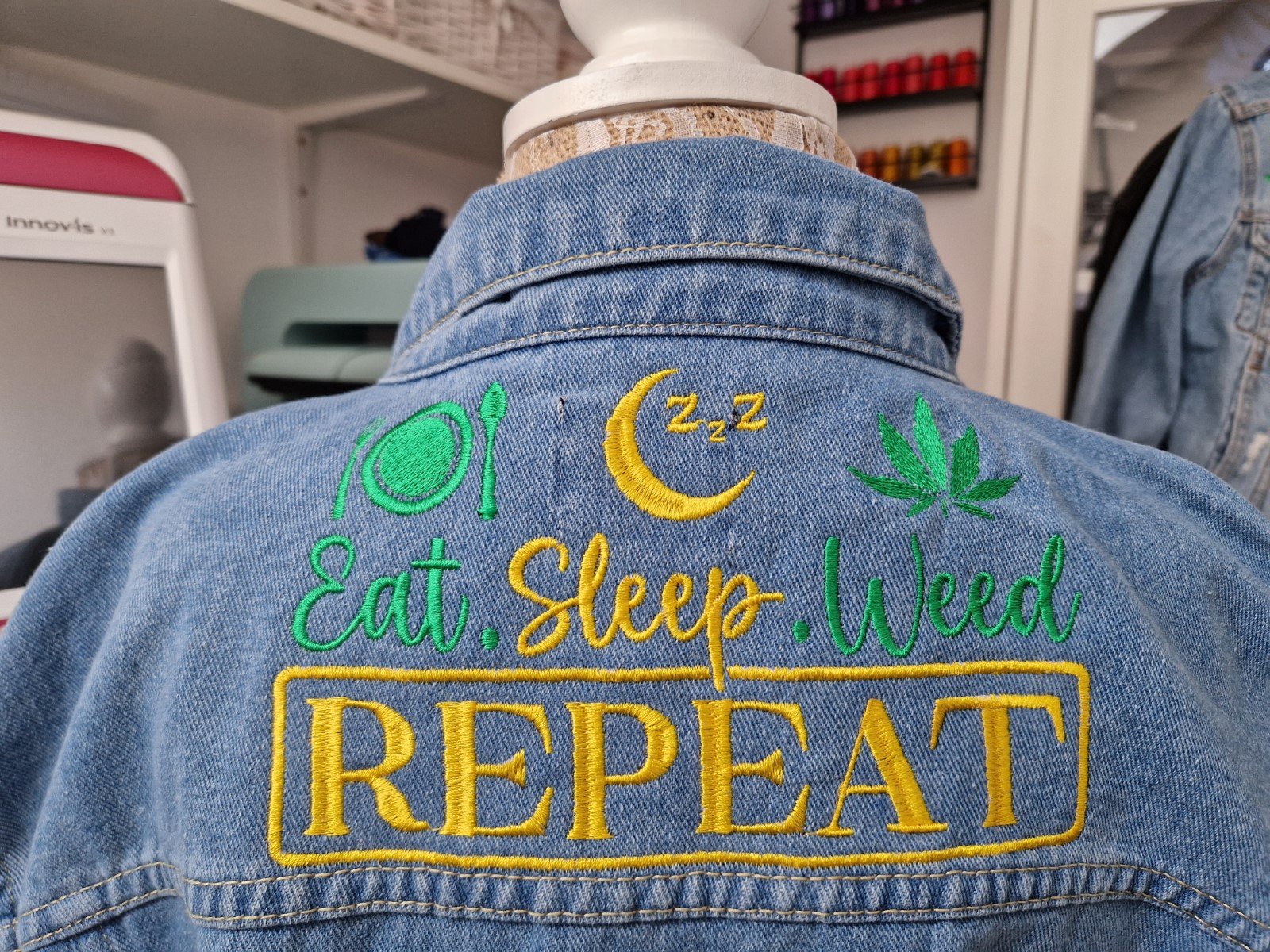 Mandala Eye “Eat, Sleep, Weed, Repeat” Denim Jacket - Image 3