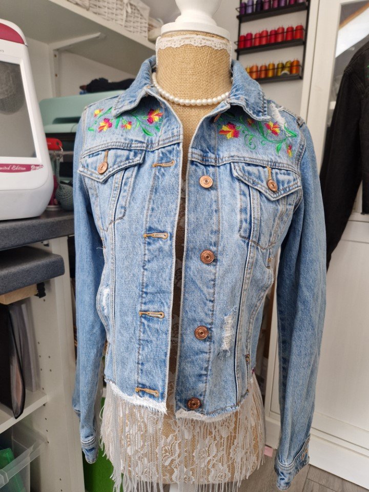 Floral Love Folk-Art Cropped Denim Jacket