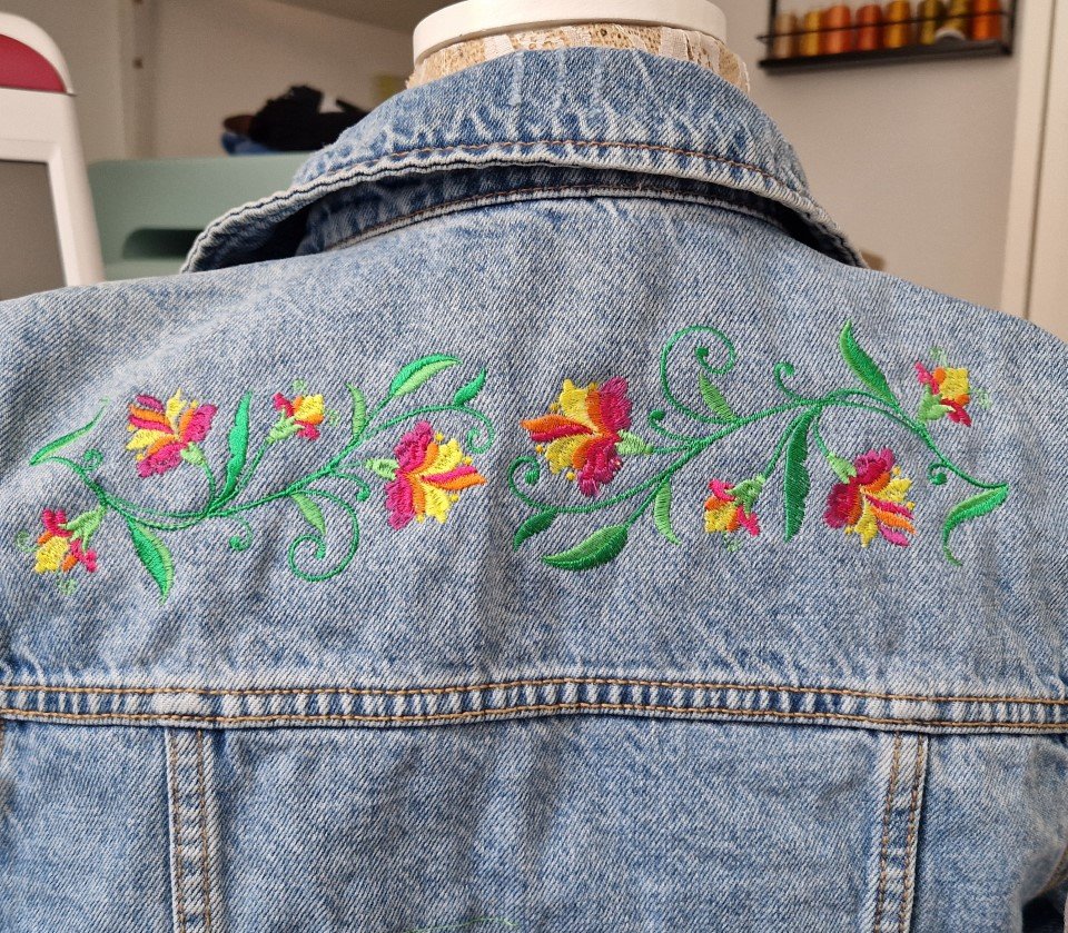 Floral Love Folk-Art Cropped Denim Jacket - Image 2